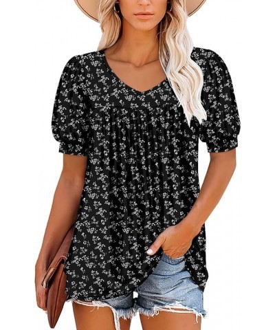 Womens Ruffle Sleeve Summer Tunic Tops V Neck Loose Fit Short Sleeve T Shirts Puffed Black White $16.00 Tops