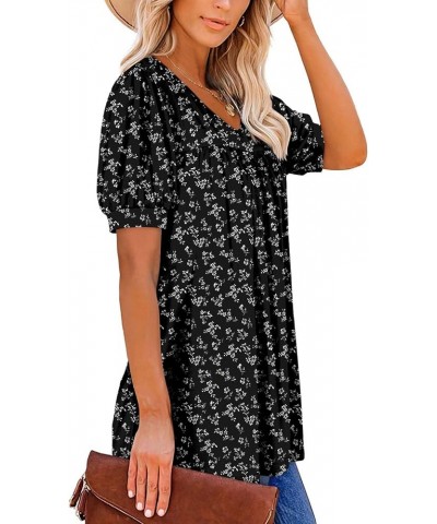 Womens Ruffle Sleeve Summer Tunic Tops V Neck Loose Fit Short Sleeve T Shirts Puffed Black White $16.00 Tops