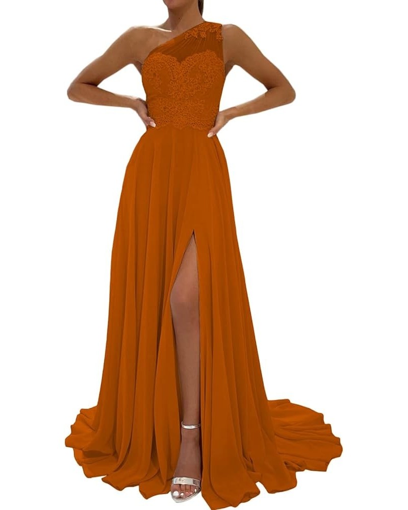 One Shoulder Prom Dresses Lace Beaded Chiffon Side Slit Women Formal Orange $47.50 Dresses