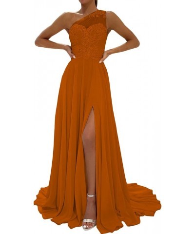 One Shoulder Prom Dresses Lace Beaded Chiffon Side Slit Women Formal Orange $47.50 Dresses