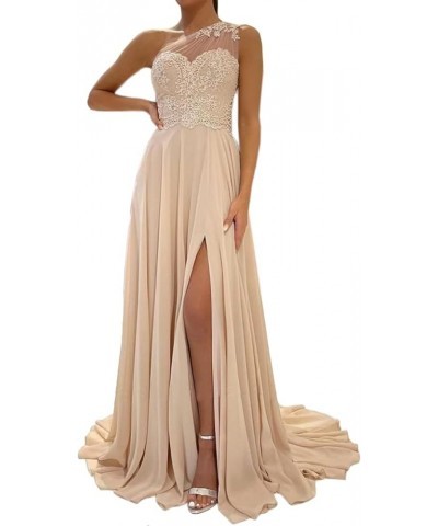 One Shoulder Prom Dresses Lace Beaded Chiffon Side Slit Women Formal Orange $47.50 Dresses