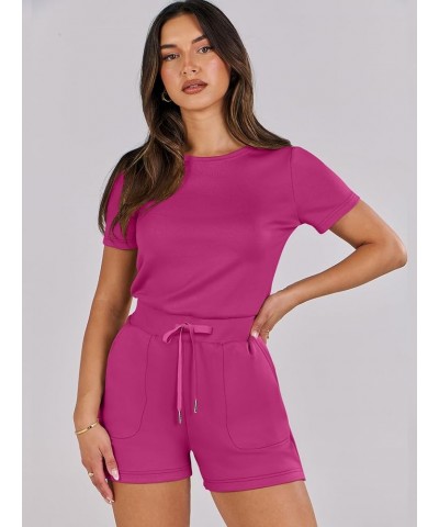 Women's Summer Crewneck Casual Loose Short Sleeve One Piece Rompers Jumpsuit Outfits with Pockets Hot Pink $16.95 Rompers