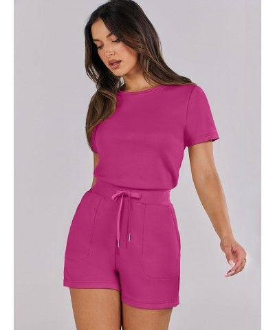 Women's Summer Crewneck Casual Loose Short Sleeve One Piece Rompers Jumpsuit Outfits with Pockets Hot Pink $16.95 Rompers