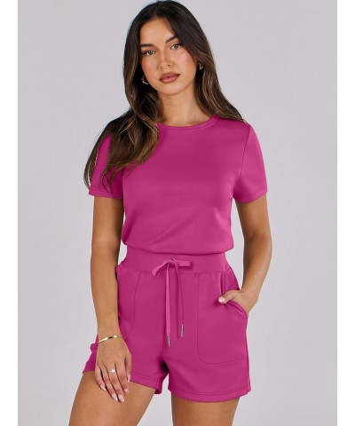 Women's Summer Crewneck Casual Loose Short Sleeve One Piece Rompers Jumpsuit Outfits with Pockets Hot Pink $16.95 Rompers