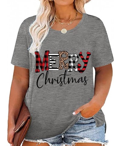 Plus Size Christmas Tshirt Womens Buffalo Plaid Merry Christmas Graphic tee Leopard Plaid Xmas Tree Short Sleeve Grey-8 $11.0...