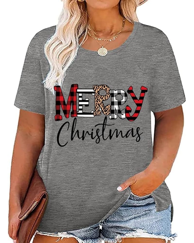 Plus Size Christmas Tshirt Womens Buffalo Plaid Merry Christmas Graphic tee Leopard Plaid Xmas Tree Short Sleeve Grey-8 $11.0...