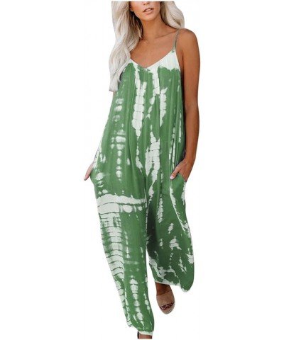 Women Casual V Neck Jumpsuits Boho Tie Dye Romper Adjustable Spaghetti Strap Ethnic Beach Long Pants with Pockets Green-02 $7...