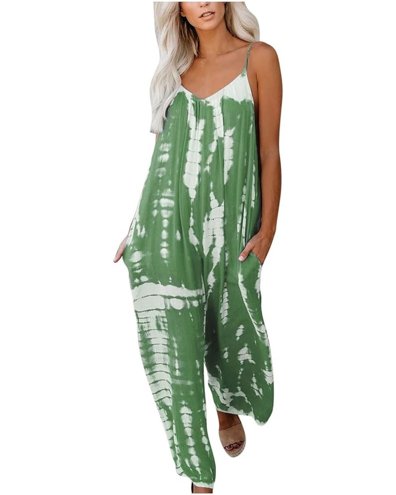 Women Casual V Neck Jumpsuits Boho Tie Dye Romper Adjustable Spaghetti Strap Ethnic Beach Long Pants with Pockets Green-02 $7...