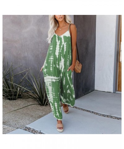 Women Casual V Neck Jumpsuits Boho Tie Dye Romper Adjustable Spaghetti Strap Ethnic Beach Long Pants with Pockets Green-02 $7...