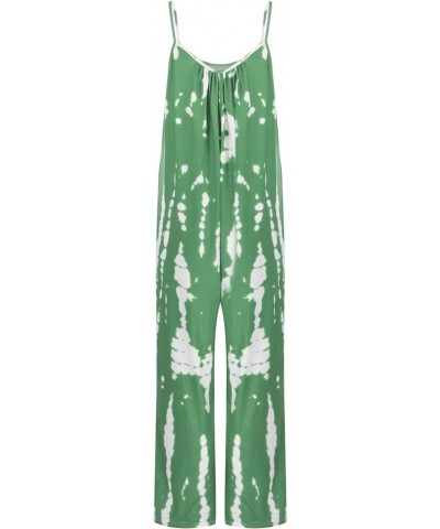 Women Casual V Neck Jumpsuits Boho Tie Dye Romper Adjustable Spaghetti Strap Ethnic Beach Long Pants with Pockets Green-02 $7...