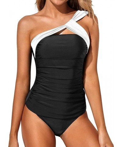 Two Piece Tankini Swimsuits for Women One Shoulder Bathing Suits Swim Top with Bottom White Black 1 $21.83 Swimsuits