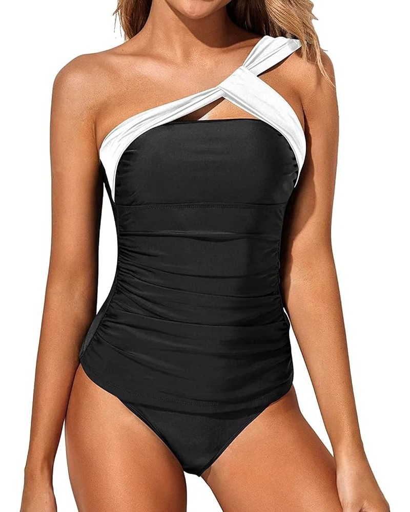 Two Piece Tankini Swimsuits for Women One Shoulder Bathing Suits Swim Top with Bottom White Black 1 $21.83 Swimsuits