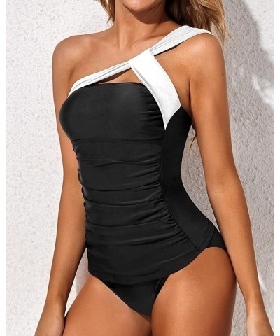 Two Piece Tankini Swimsuits for Women One Shoulder Bathing Suits Swim Top with Bottom White Black 1 $21.83 Swimsuits