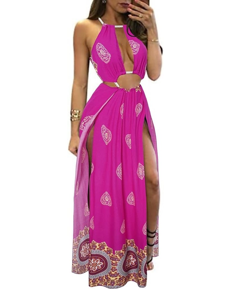 Women's Sexy Boho Floral Halter Summer Maxi Dress Beach Party Split Cover Up Swimsuit Outfit 2024 Rose Red $13.19 Swimsuits