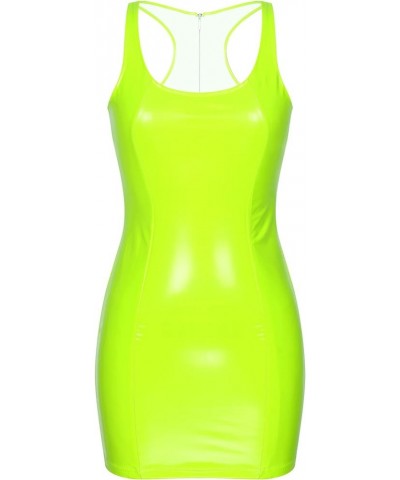 Womens Metallic Leather Sleeveless Dress Bodycon Square Neck Zipper Back Dresses Clubwear Fluorescent Green $11.37 Dresses