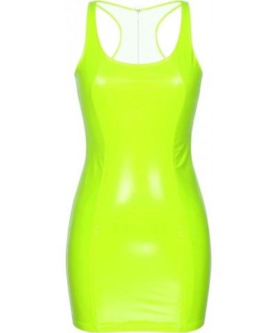 Womens Metallic Leather Sleeveless Dress Bodycon Square Neck Zipper Back Dresses Clubwear Fluorescent Green $11.37 Dresses