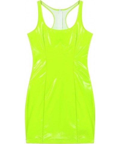 Womens Metallic Leather Sleeveless Dress Bodycon Square Neck Zipper Back Dresses Clubwear Fluorescent Green $11.37 Dresses