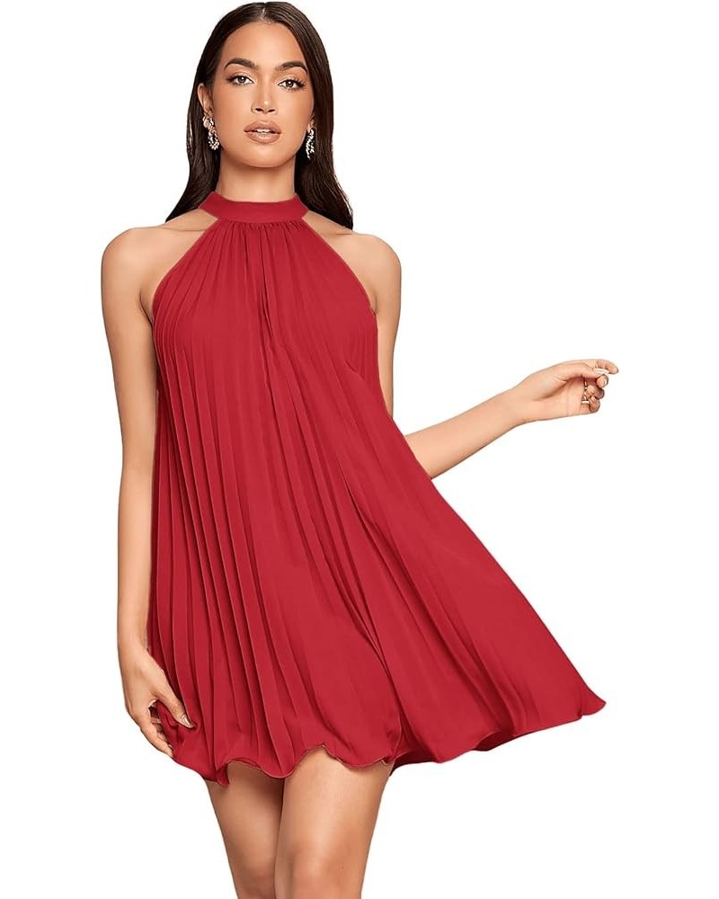 Women's Casual Sleeveless Tie Back Halter Dress Mini Swing Pleated A-line Loose Dress Red $20.58 Dresses