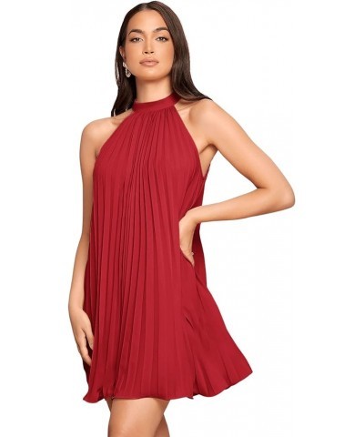 Women's Casual Sleeveless Tie Back Halter Dress Mini Swing Pleated A-line Loose Dress Red $20.58 Dresses