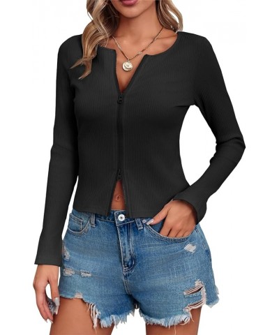 Womens Sexy Kint Tops Long Sleeve Cute V Neck Zipper Shirts Black $13.72 Blouses