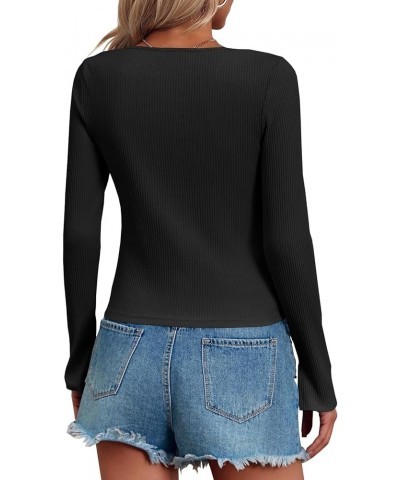 Womens Sexy Kint Tops Long Sleeve Cute V Neck Zipper Shirts Black $13.72 Blouses