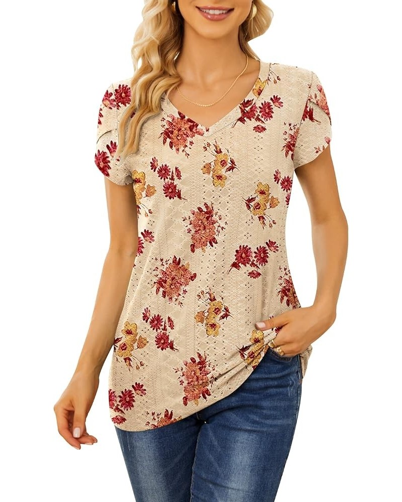 Summer Tops for Women Short Petal Sleeve Eyelet Tshirts with Hollow Orange Maple Leaf $11.93 T-Shirts