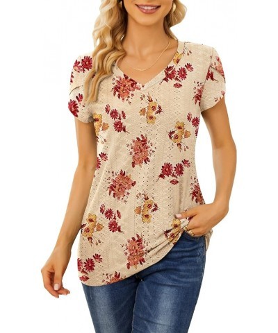 Summer Tops for Women Short Petal Sleeve Eyelet Tshirts with Hollow Orange Maple Leaf $11.93 T-Shirts