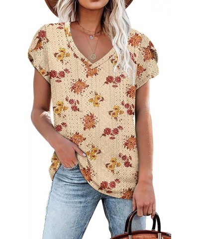 Summer Tops for Women Short Petal Sleeve Eyelet Tshirts with Hollow Orange Maple Leaf $11.93 T-Shirts