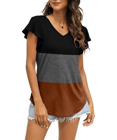 Womens Summer Tops Ruffle Short Sleeve Tshirt Casual V Neck Floral Print Shirt Z1-black Grey Brown $8.69 Tops