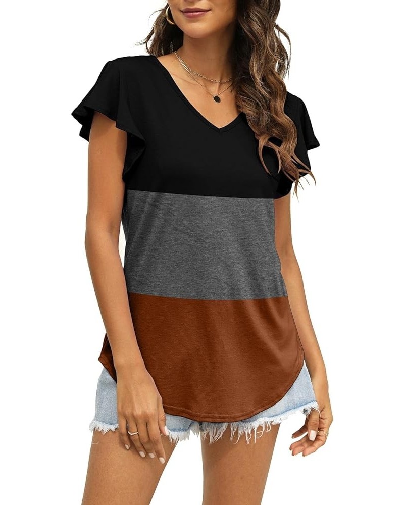 Womens Summer Tops Ruffle Short Sleeve Tshirt Casual V Neck Floral Print Shirt Z1-black Grey Brown $8.69 Tops