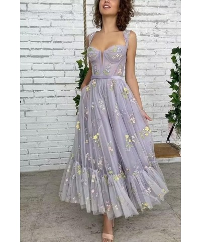 Puffy Sleeve Prom Dresses Flower Embroidery Tulle Backless A-line Lace Formal Evening Party Gown for Women 01-tea Length-dust...