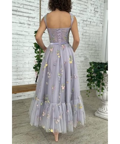 Puffy Sleeve Prom Dresses Flower Embroidery Tulle Backless A-line Lace Formal Evening Party Gown for Women 01-tea Length-dust...