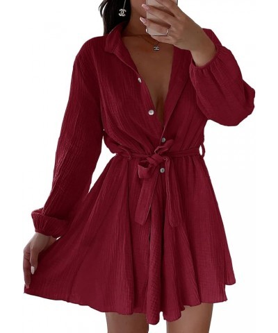 Womens Button Down V Neck Dresses Tunic Tie Waist Swing Mini Dress Casual Solid Long Sleeve Shirt Tops with Belt Wine Red $19...