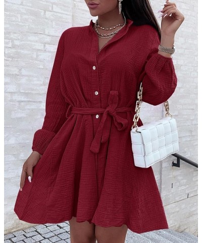 Womens Button Down V Neck Dresses Tunic Tie Waist Swing Mini Dress Casual Solid Long Sleeve Shirt Tops with Belt Wine Red $19...