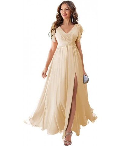 Chiffon Bridesmaid Dresses for Wedding 2024 V Neck Ruffles Short Sleeves Formal Evening Gowns with Slit Champagne $31.85 Dresses