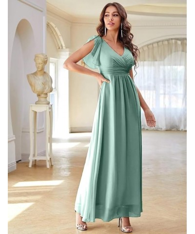 Chiffon Bridesmaid Dresses for Wedding 2024 V Neck Ruffles Short Sleeves Formal Evening Gowns with Slit Champagne $31.85 Dresses