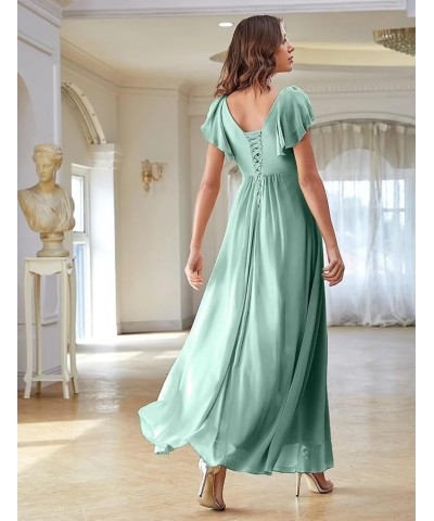 Chiffon Bridesmaid Dresses for Wedding 2024 V Neck Ruffles Short Sleeves Formal Evening Gowns with Slit Champagne $31.85 Dresses