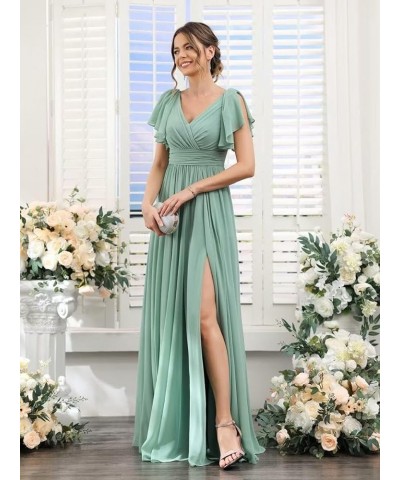 Chiffon Bridesmaid Dresses for Wedding 2024 V Neck Ruffles Short Sleeves Formal Evening Gowns with Slit Champagne $31.85 Dresses