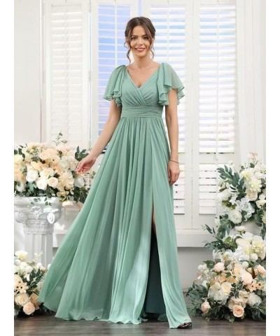 Chiffon Bridesmaid Dresses for Wedding 2024 V Neck Ruffles Short Sleeves Formal Evening Gowns with Slit Champagne $31.85 Dresses