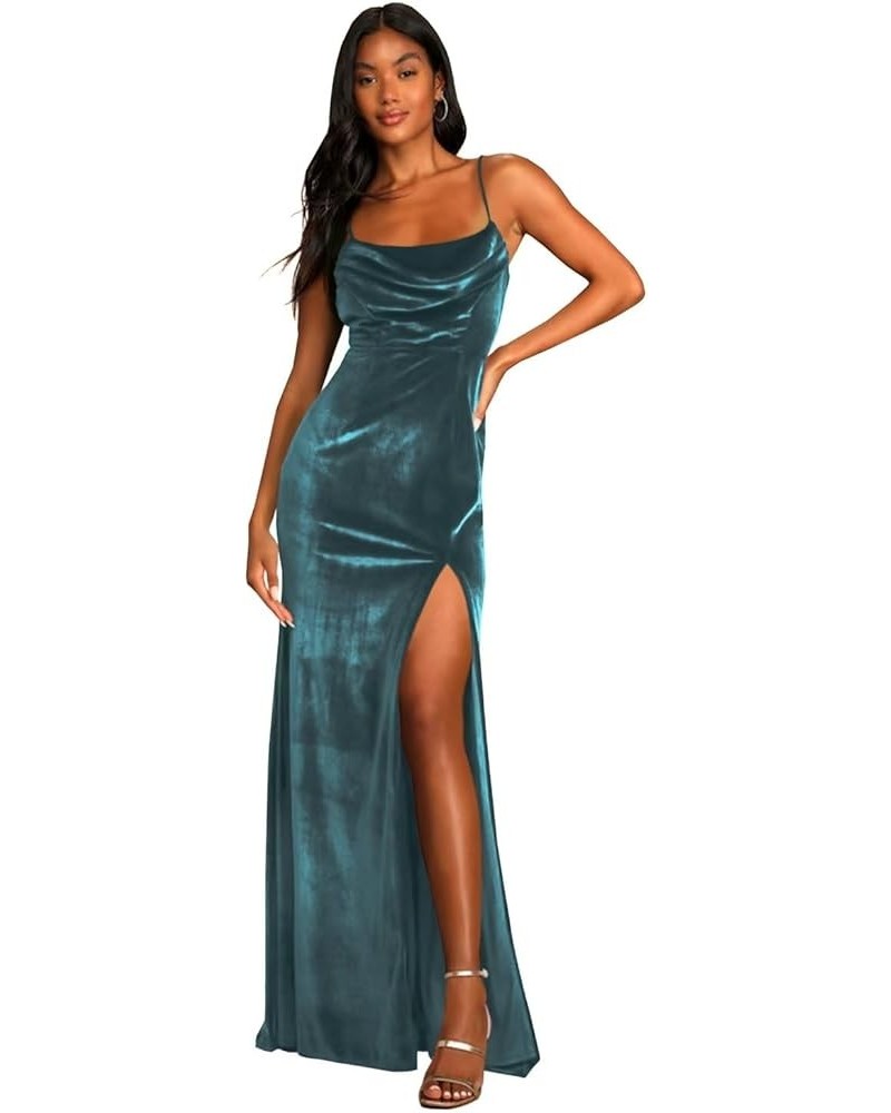 Velvet Spaghetti Straps Bridesmaid Dresses Long High Slit Sexy Formal Dress Evening Gowns Peacock Blue $27.50 Dresses