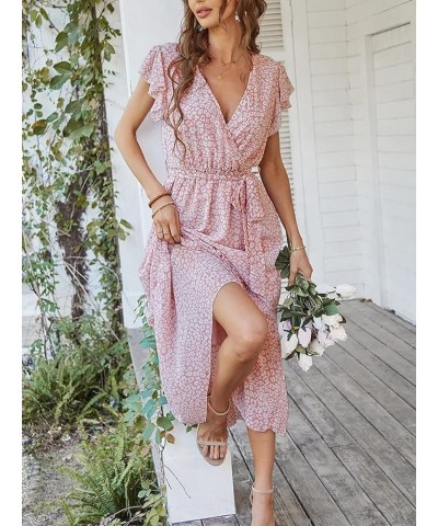 Womens Summer Dress Wrap V Neck Short Sleeve Floral Beach A Line Belted Long Midi Dresses 1 pink $22.05 Dresses