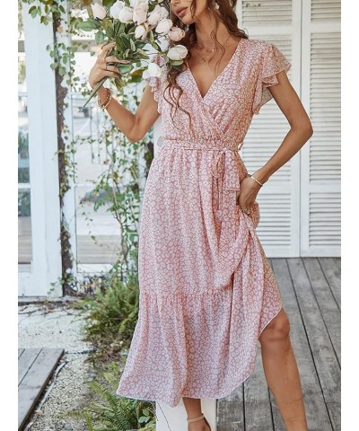 Womens Summer Dress Wrap V Neck Short Sleeve Floral Beach A Line Belted Long Midi Dresses 1 pink $22.05 Dresses