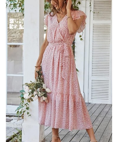 Womens Summer Dress Wrap V Neck Short Sleeve Floral Beach A Line Belted Long Midi Dresses 1 pink $22.05 Dresses