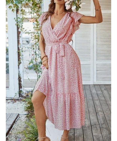 Womens Summer Dress Wrap V Neck Short Sleeve Floral Beach A Line Belted Long Midi Dresses 1 pink $22.05 Dresses