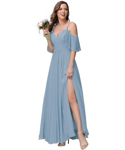 Women's Long Spaghetti Straps Bridesmaid Dress with Slit Off Shoulder Chiffon Formal Party Gowns MDPM128 Dusty Blue $33.60 Dr...