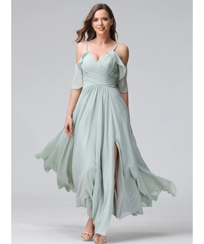 Women's Long Spaghetti Straps Bridesmaid Dress with Slit Off Shoulder Chiffon Formal Party Gowns MDPM128 Dusty Blue $33.60 Dr...