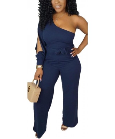 Women's Sexy One Shoulder Slit Sleeve High Waist One Piece Pant Outfit Wide Leg Jumpsuit Romper Blue $22.90 Jumpsuits