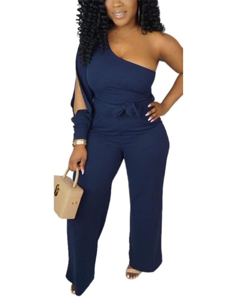 Women's Sexy One Shoulder Slit Sleeve High Waist One Piece Pant Outfit Wide Leg Jumpsuit Romper Blue $22.90 Jumpsuits