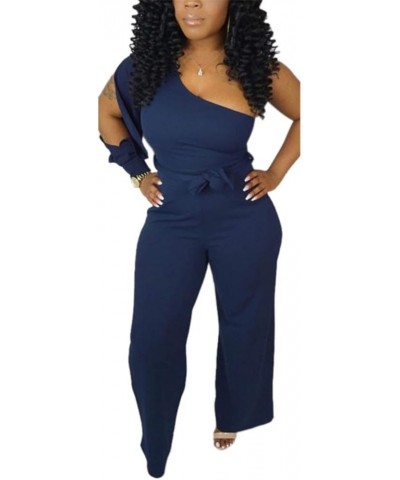 Women's Sexy One Shoulder Slit Sleeve High Waist One Piece Pant Outfit Wide Leg Jumpsuit Romper Blue $22.90 Jumpsuits