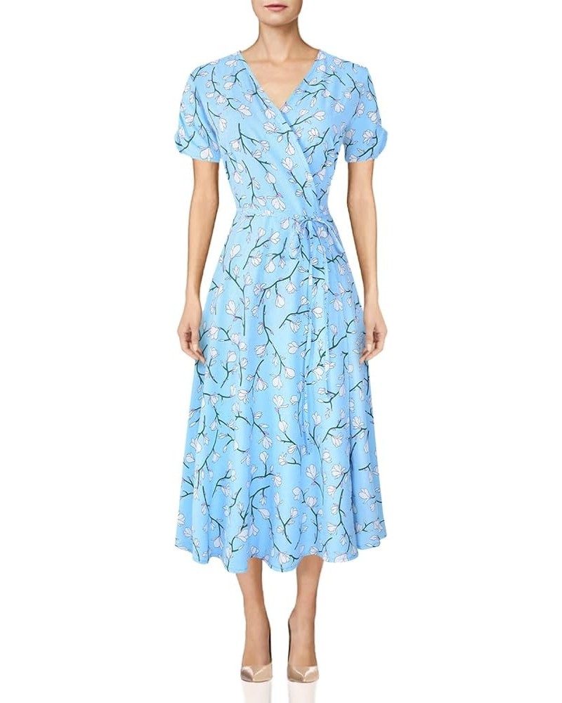 Women's Retro Floral Print Boho Wrap Front Short Sleeve Flowy Midi Dress Sky Blue $10.70 Dresses